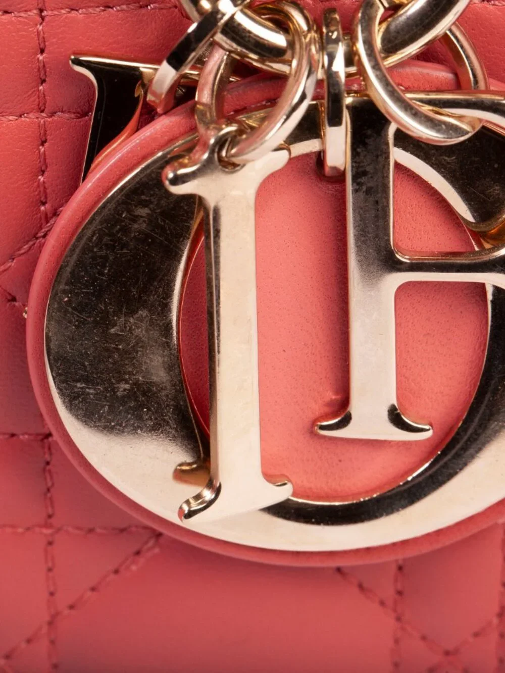 Authentic Christian Dior Coral Small Lady D-Joy Lambskin Cannage Handbag